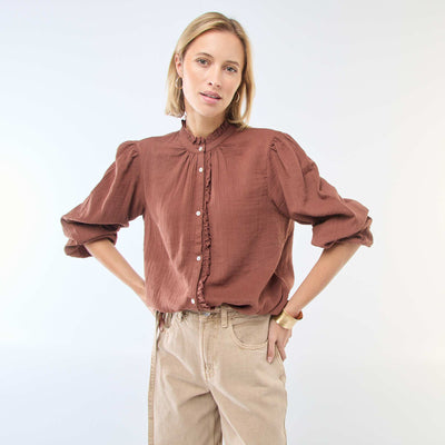 Cotton Gauze Blouse with Scalloped Edges BROWN