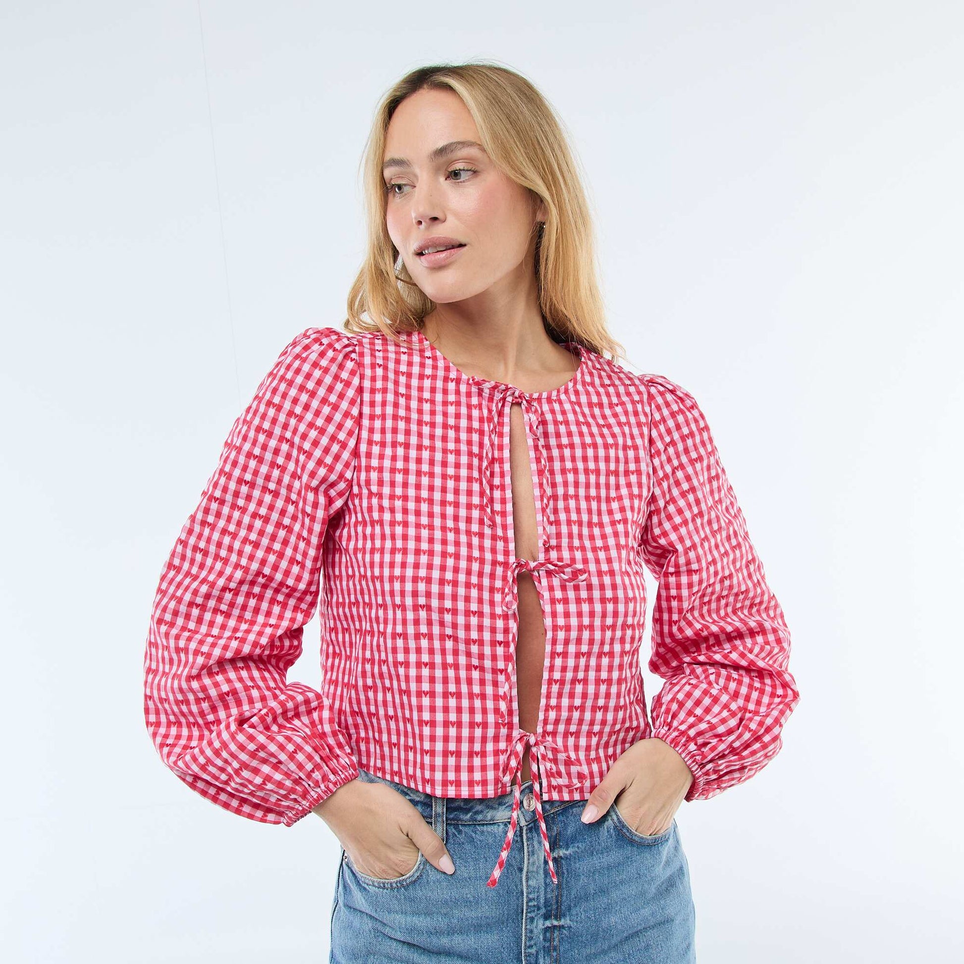 Gingham Blouse with Tie Details RED
