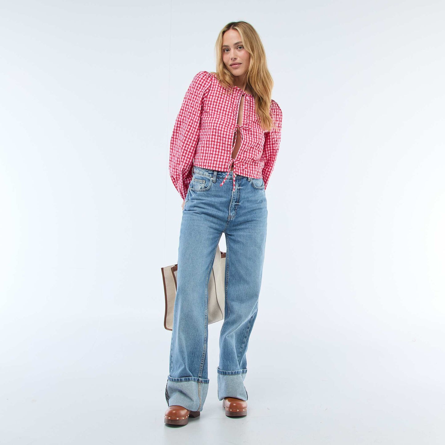 Gingham Blouse with Tie Details RED