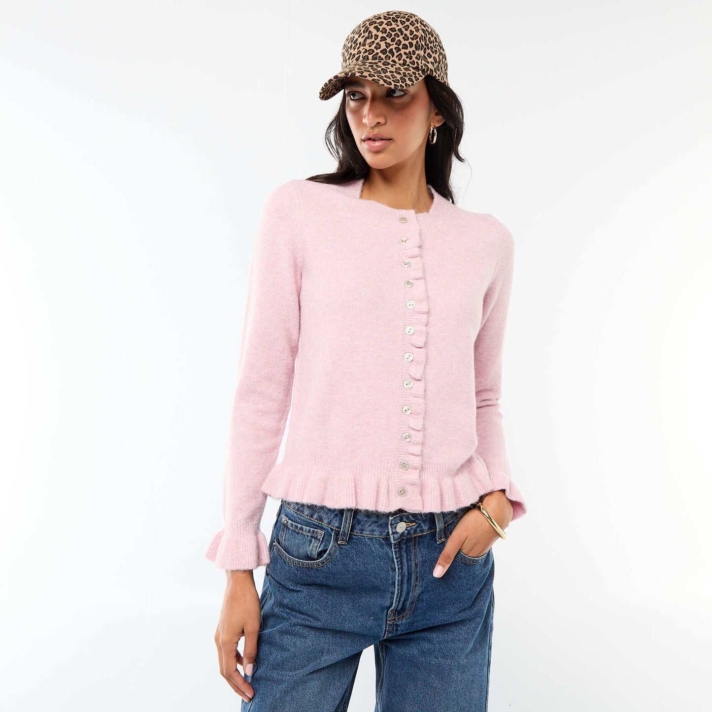 Marled Knit Cardigan with Wavy Details PINK