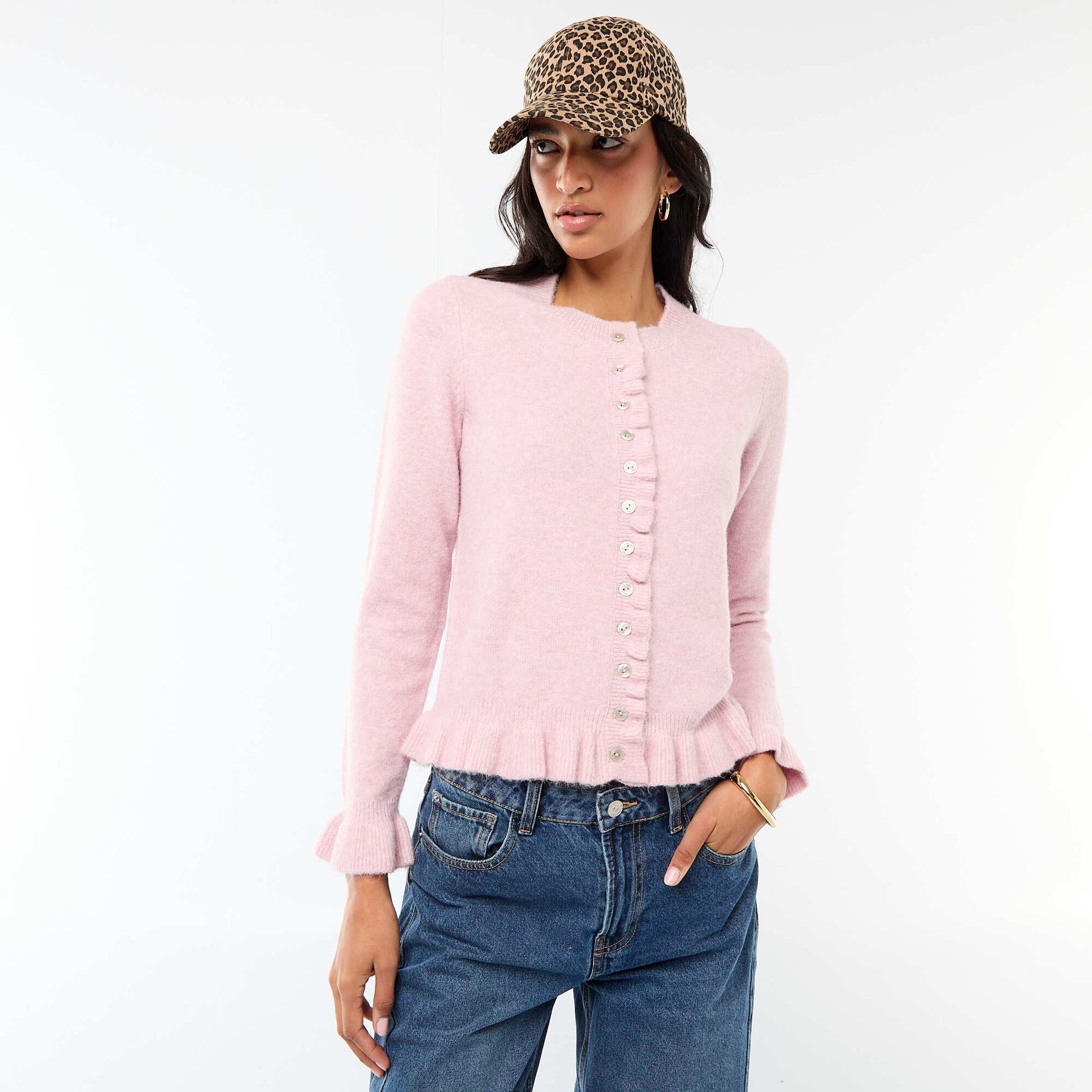 Marled Knit Cardigan with Wavy Details PINK