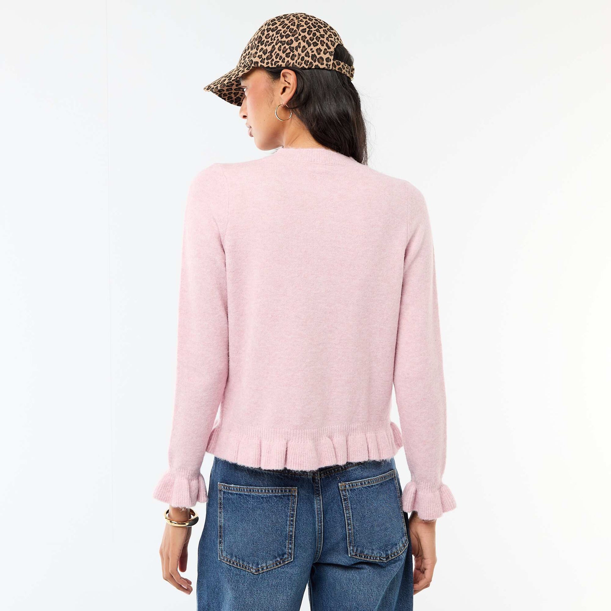 Marled Knit Cardigan with Wavy Details PINK