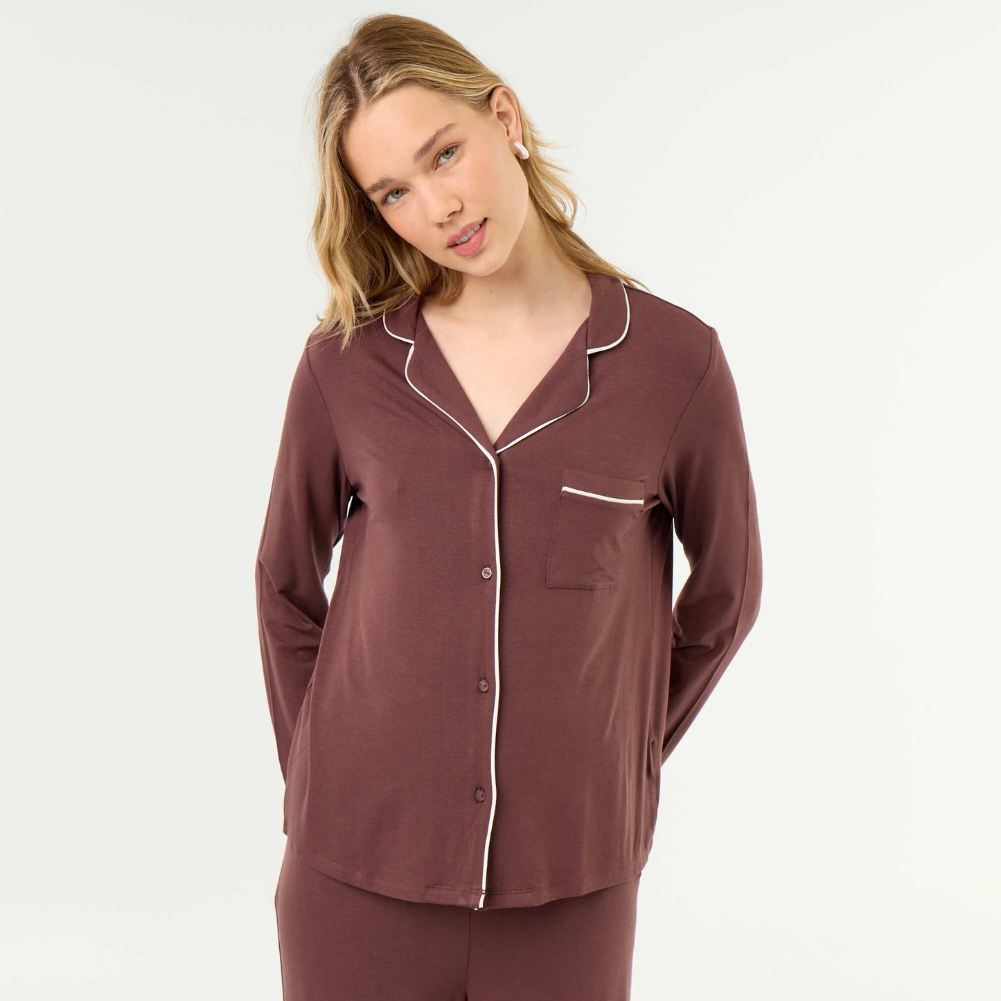 Soft Stretch Knit Long Pyjamas - 2-Piece Set BROWN