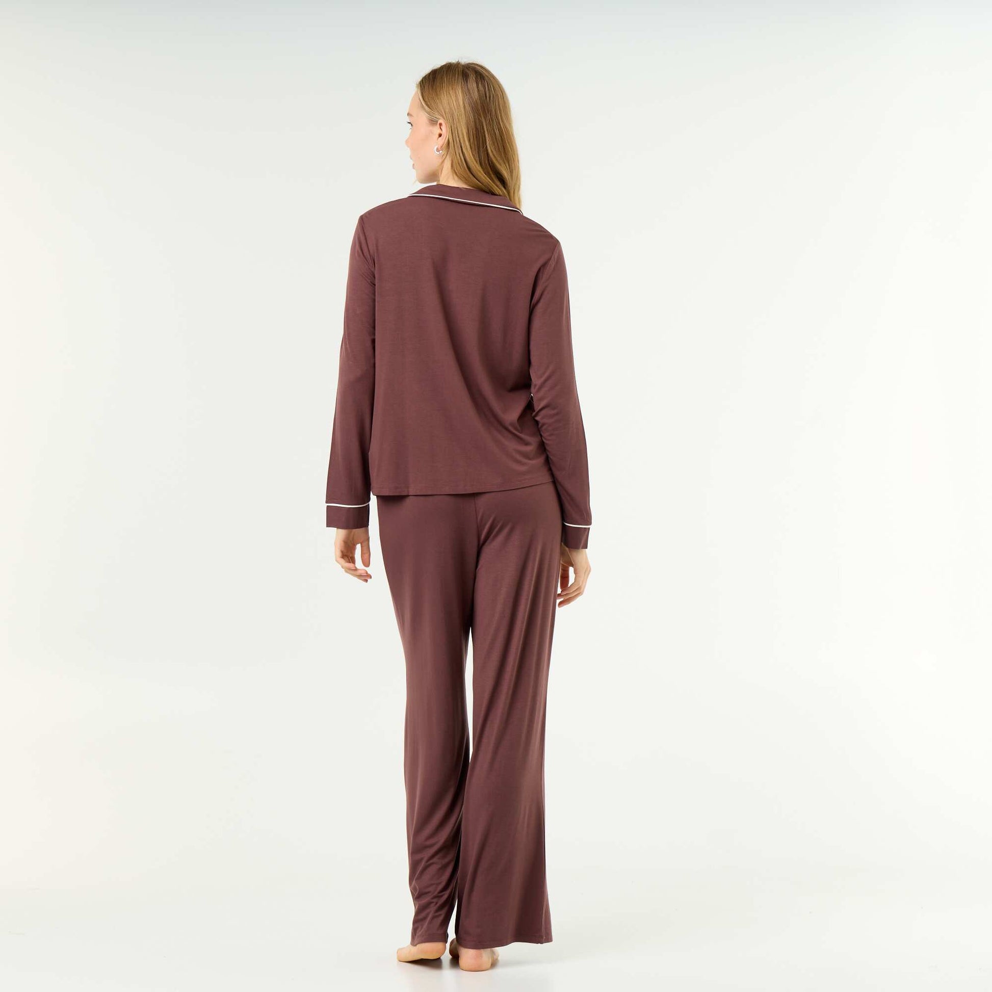 Soft Stretch Knit Long Pyjamas - 2-Piece Set BROWN