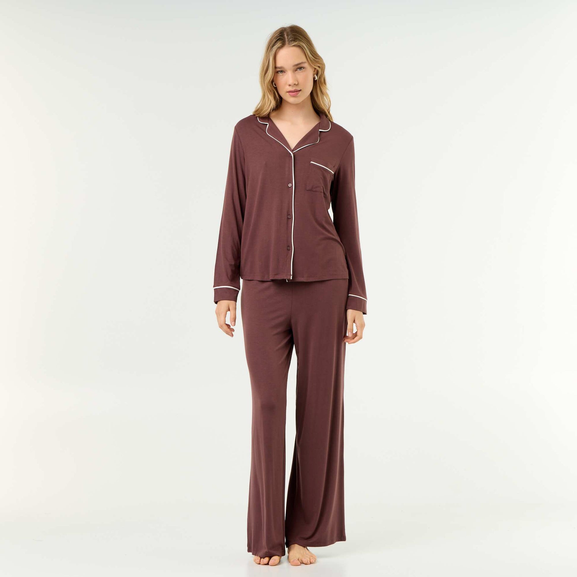 Soft Stretch Knit Long Pyjamas - 2-Piece Set BROWN