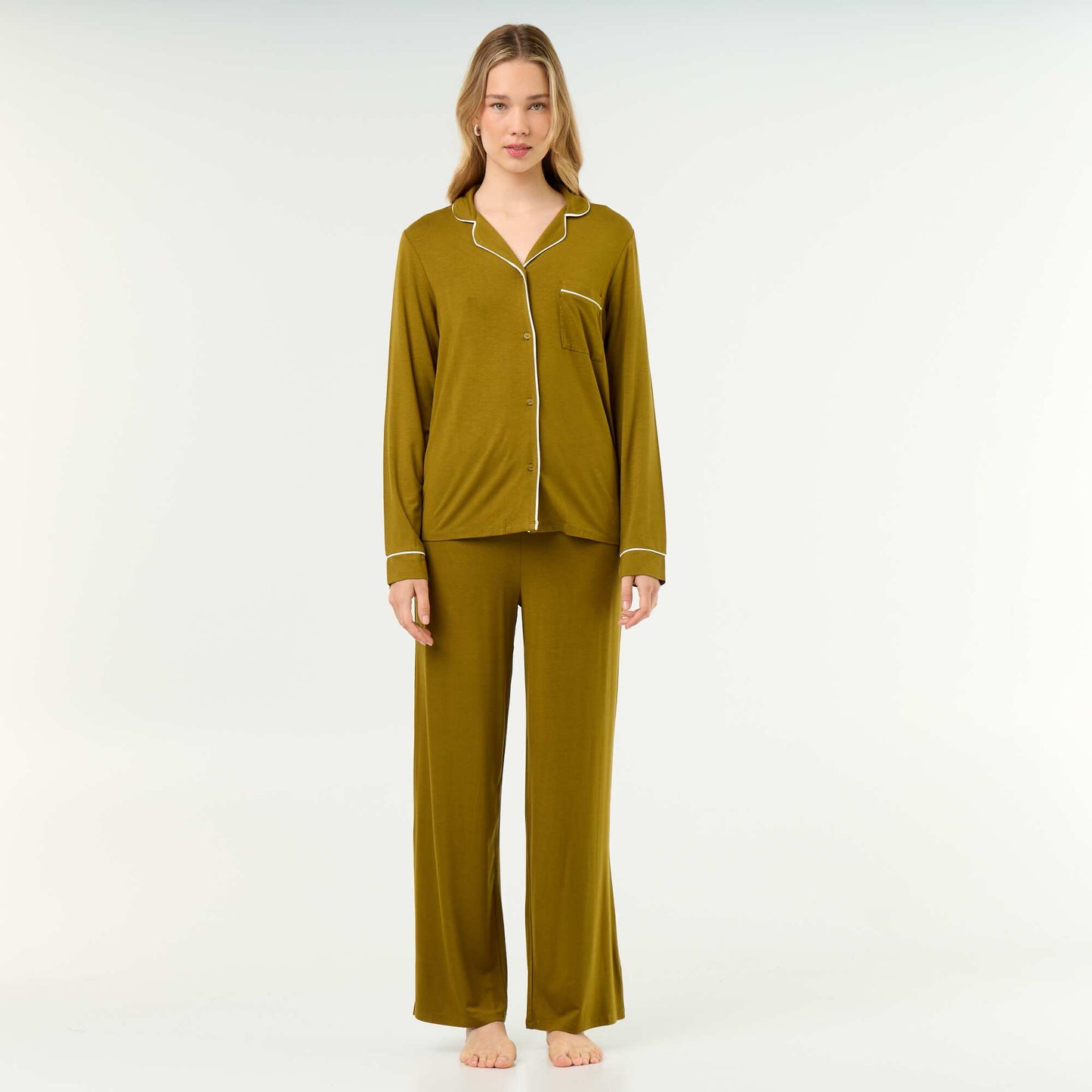 Soft Stretch Knit Long Pyjamas - 2-Piece Set GREEN