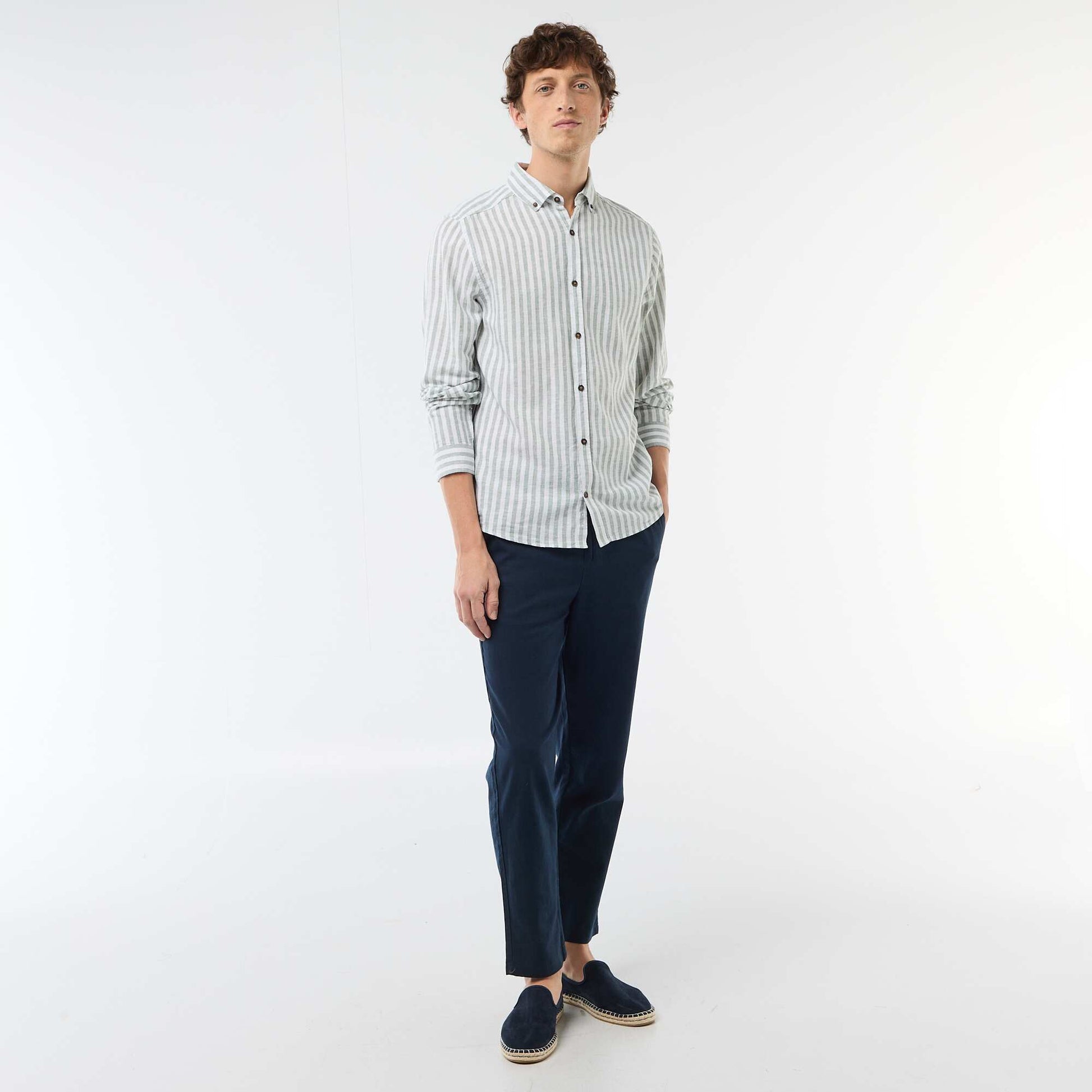 Striped Linen and Cotton Shirt GREEN