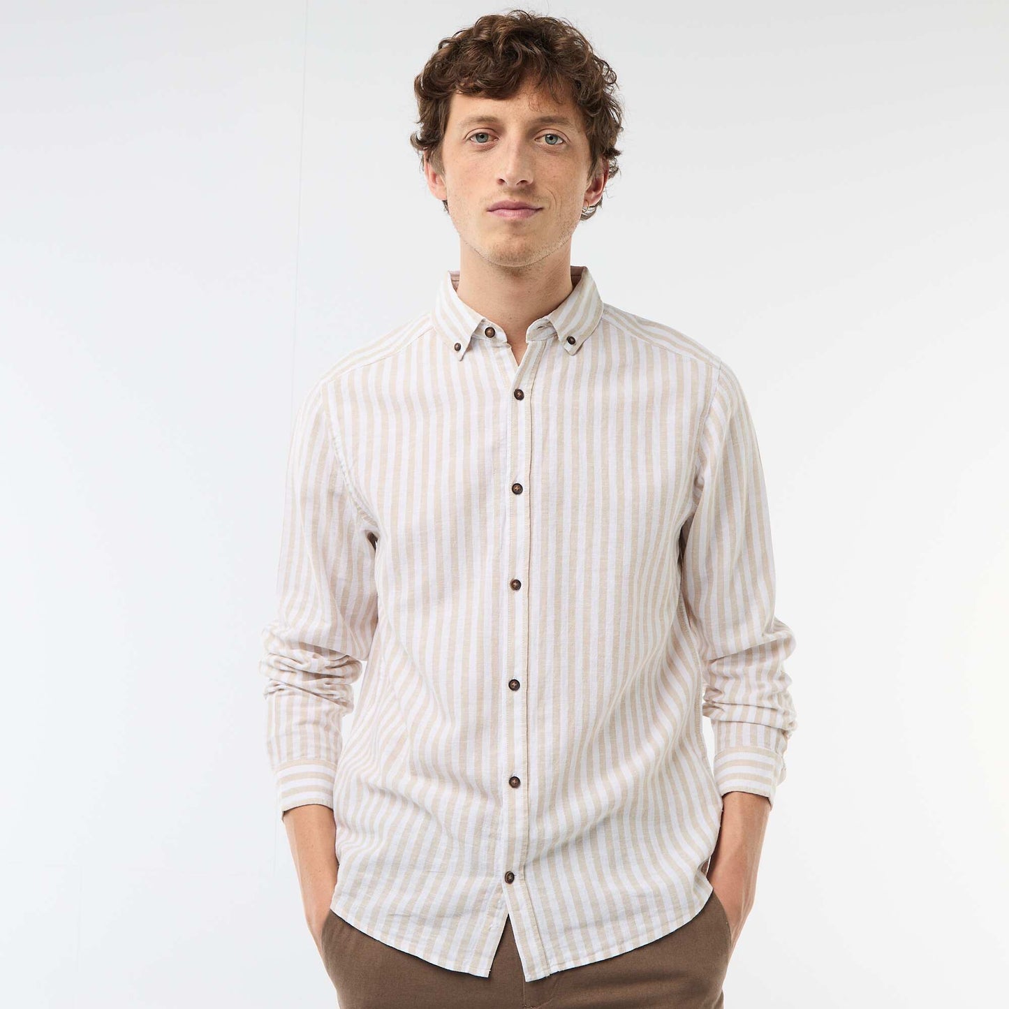 Striped Linen and Cotton Shirt BEIGE
