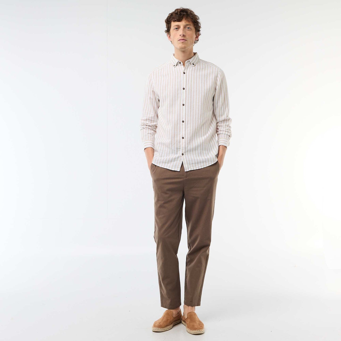 Striped Linen and Cotton Shirt BEIGE
