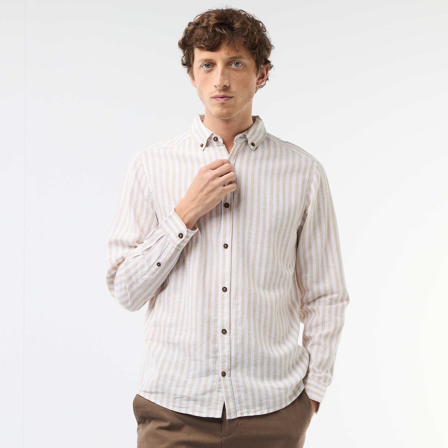 Striped Linen and Cotton Shirt BEIGE