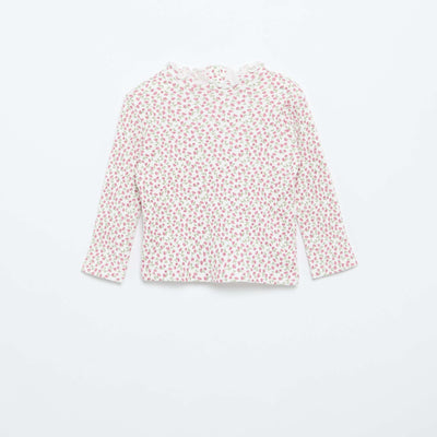 Ribbed T-Shirt with Scalloped Neck WHITE