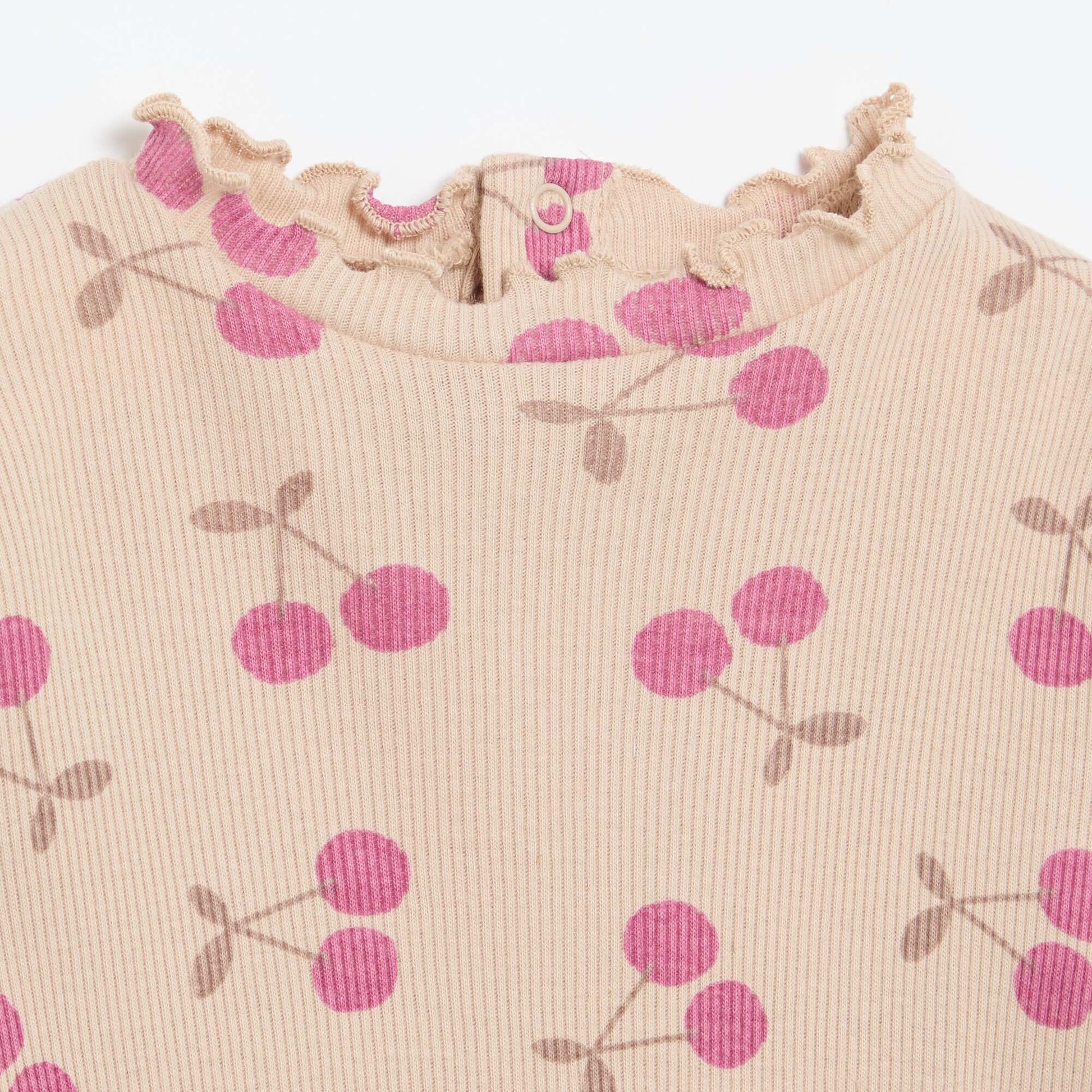 Ribbed T-Shirt with Scalloped Neck BEIGE