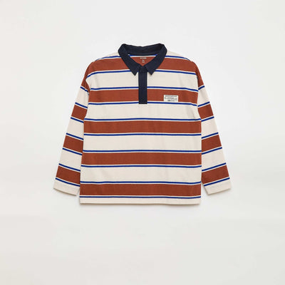 Long-Sleeved Striped Jersey Knit Polo Shirt BEIGE