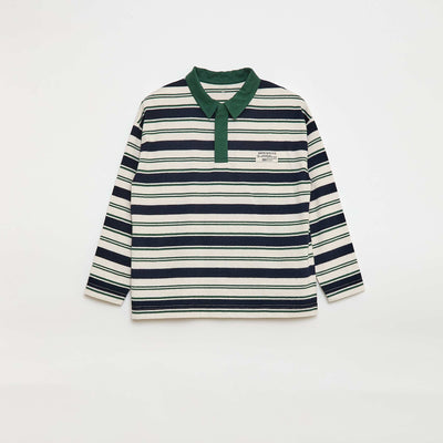 Long-Sleeved Striped Jersey Knit Polo Shirt BEIGE