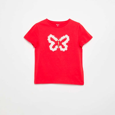 Short-Sleeved T-Shirt with Sequin Design RED
