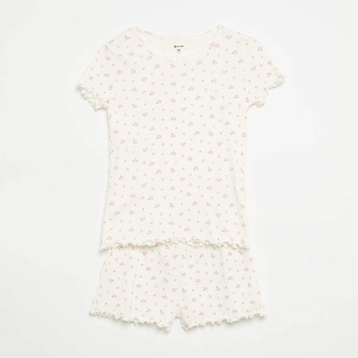 Cotton Ribbed Knit Pajama Set: Top and Shorts WHITE