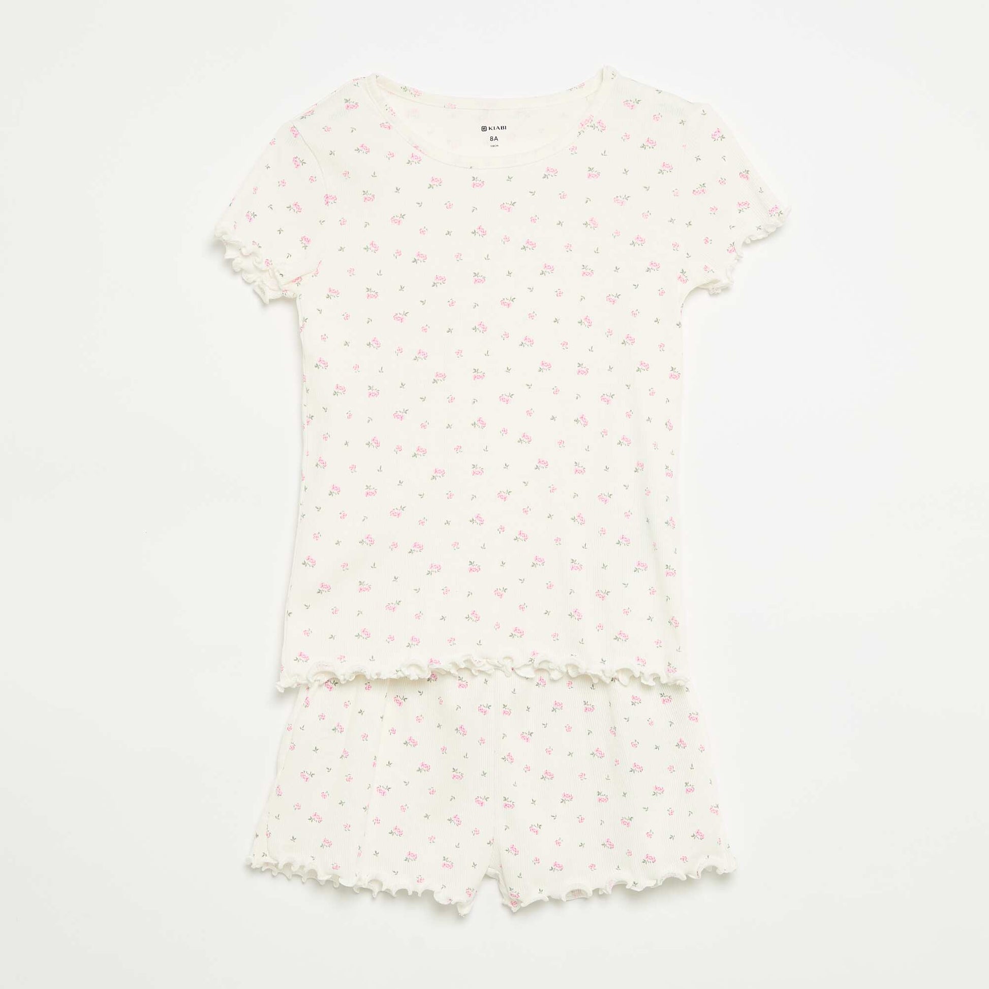 Cotton Ribbed Knit Pajama Set: Top and Shorts WHITE