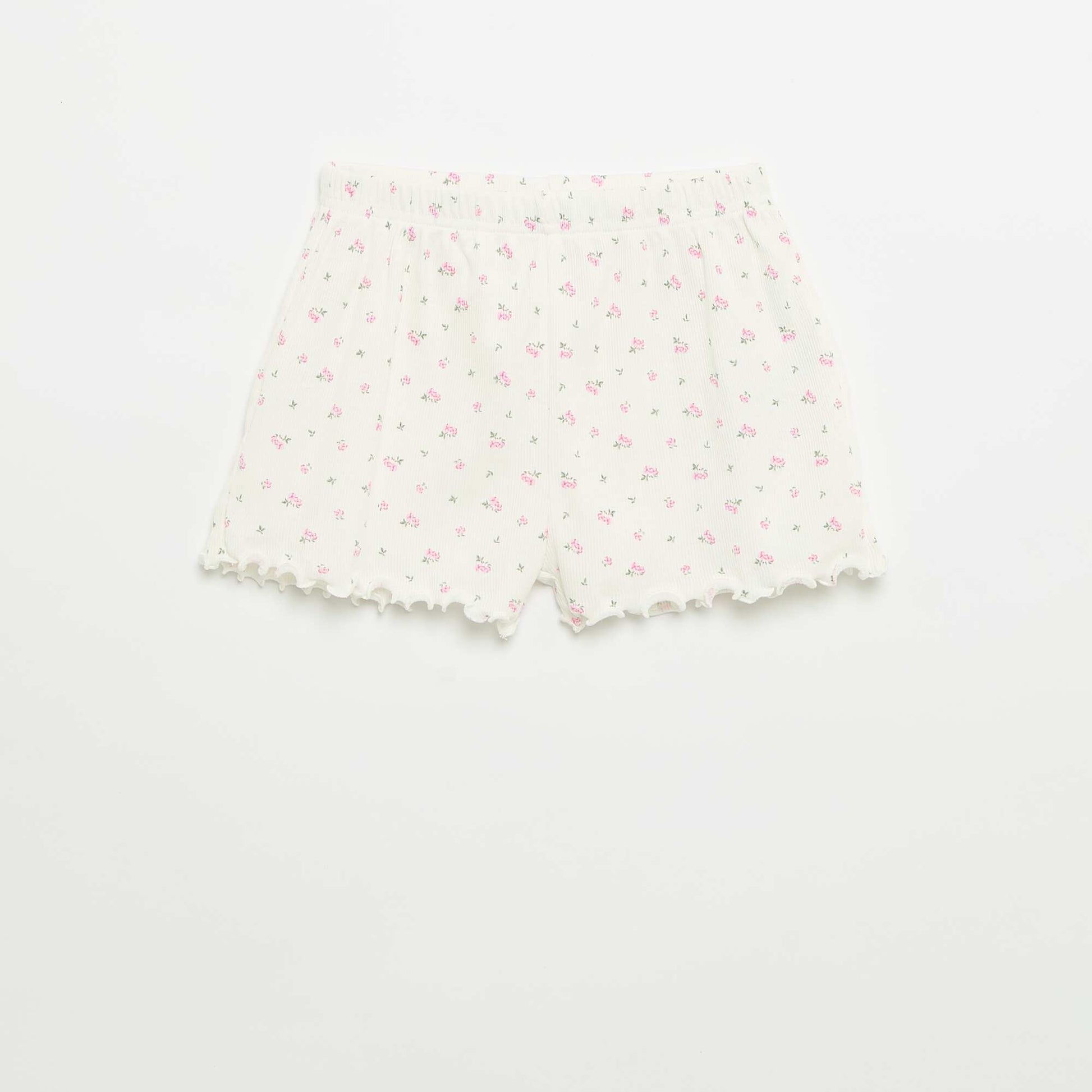Cotton Ribbed Knit Pajama Set: Top and Shorts WHITE