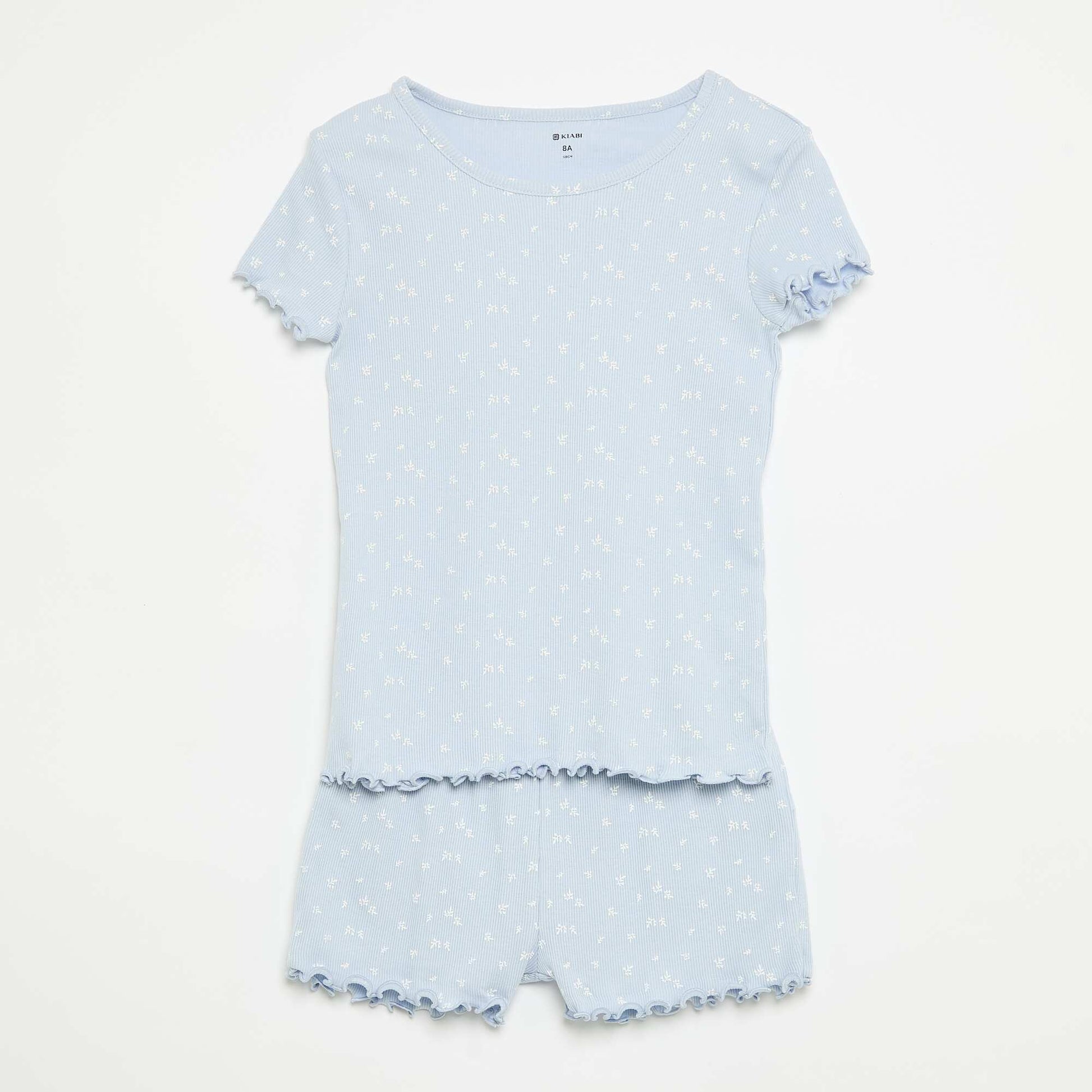 Cotton Ribbed Knit Pajama Top and Shorts Set BLUE