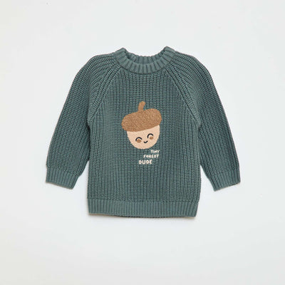 Cotton knit sweater with pearl stitch GREEN