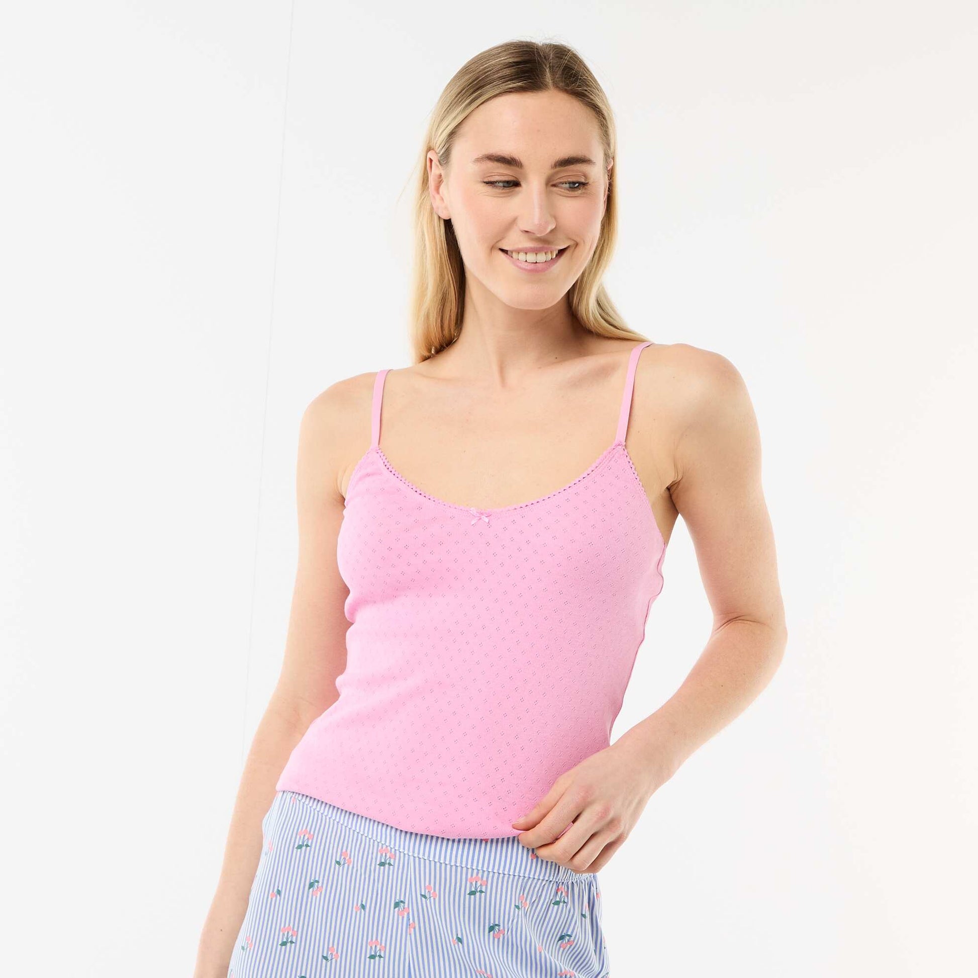 Solid Cotton Tank Top with Adjustable Spaghetti Straps PINK