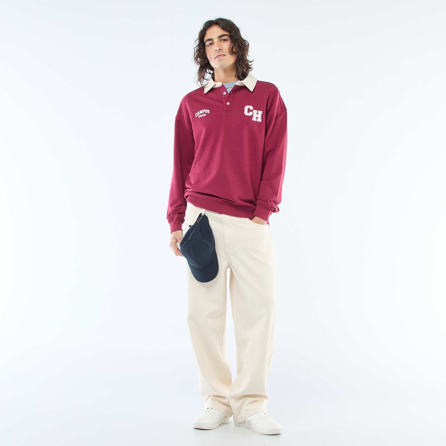 Rugby-Style Long Sleeve Polo Shirt RED