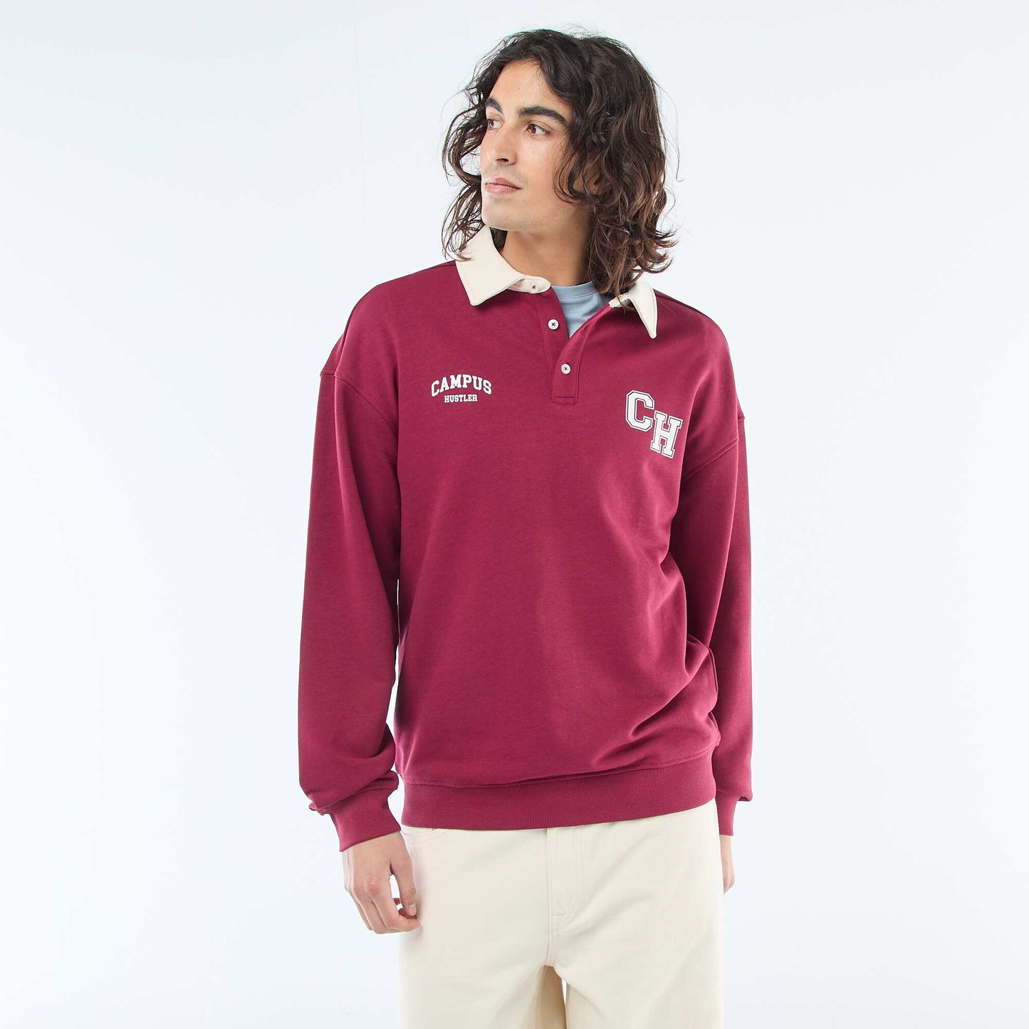 Rugby-Style Long Sleeve Polo Shirt RED