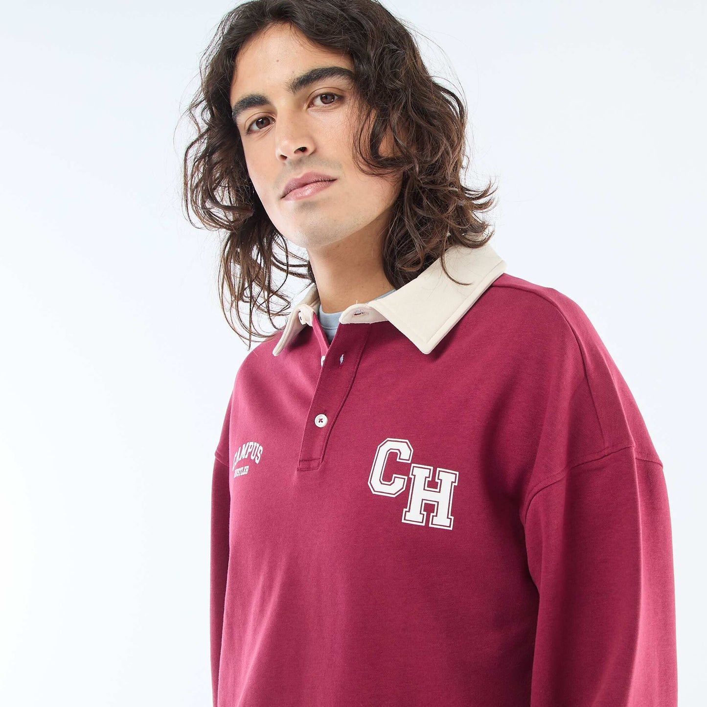Rugby-Style Long Sleeve Polo Shirt RED