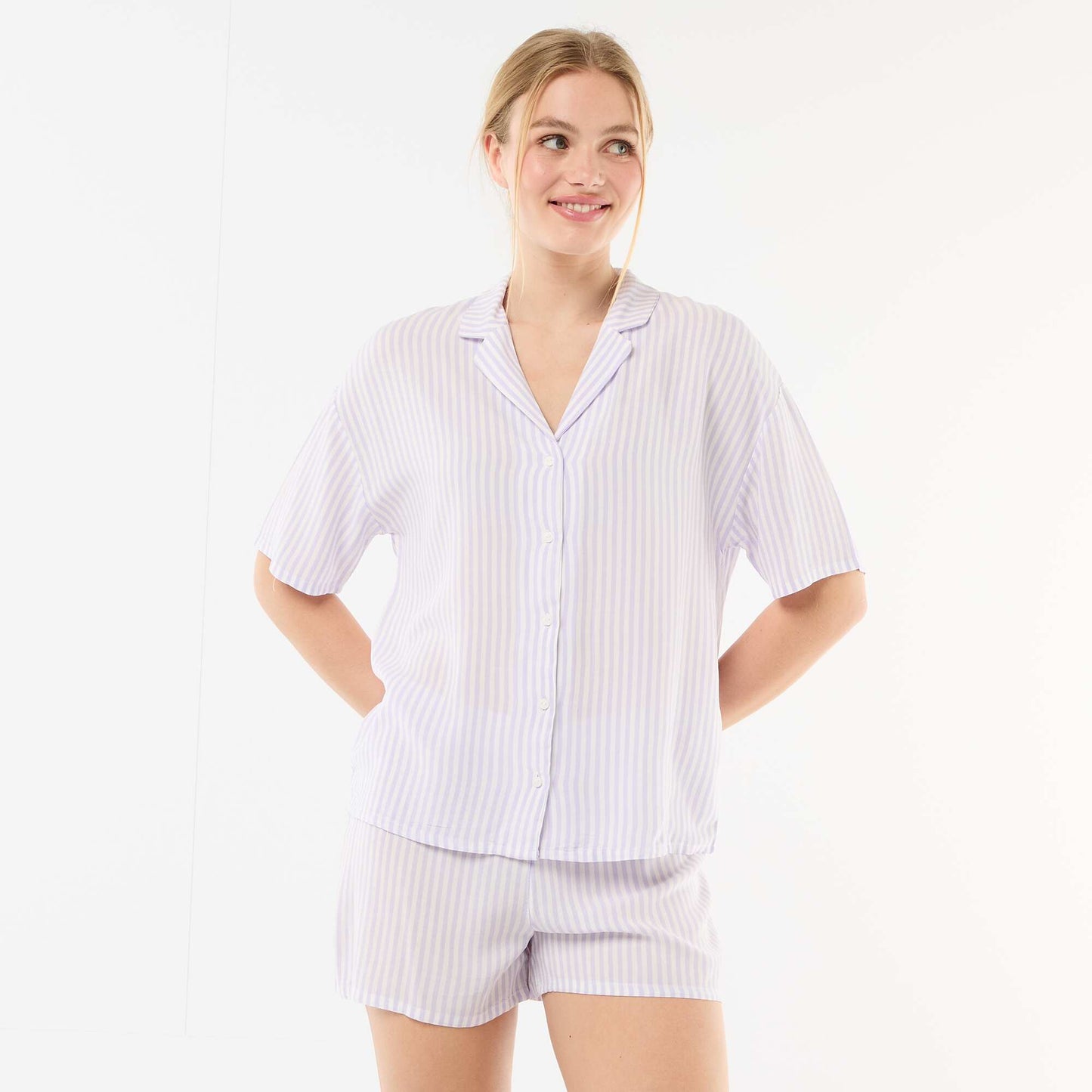 Striped Pajama Set: Top + Shorts PURPLE
