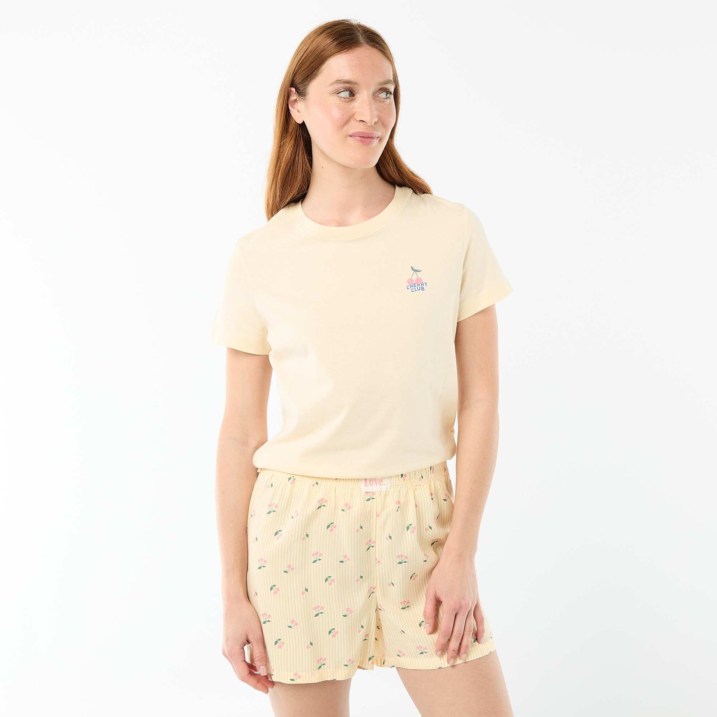 Striped All-Over Print Lightweight Top & Shorts Pajama Set YELLOW