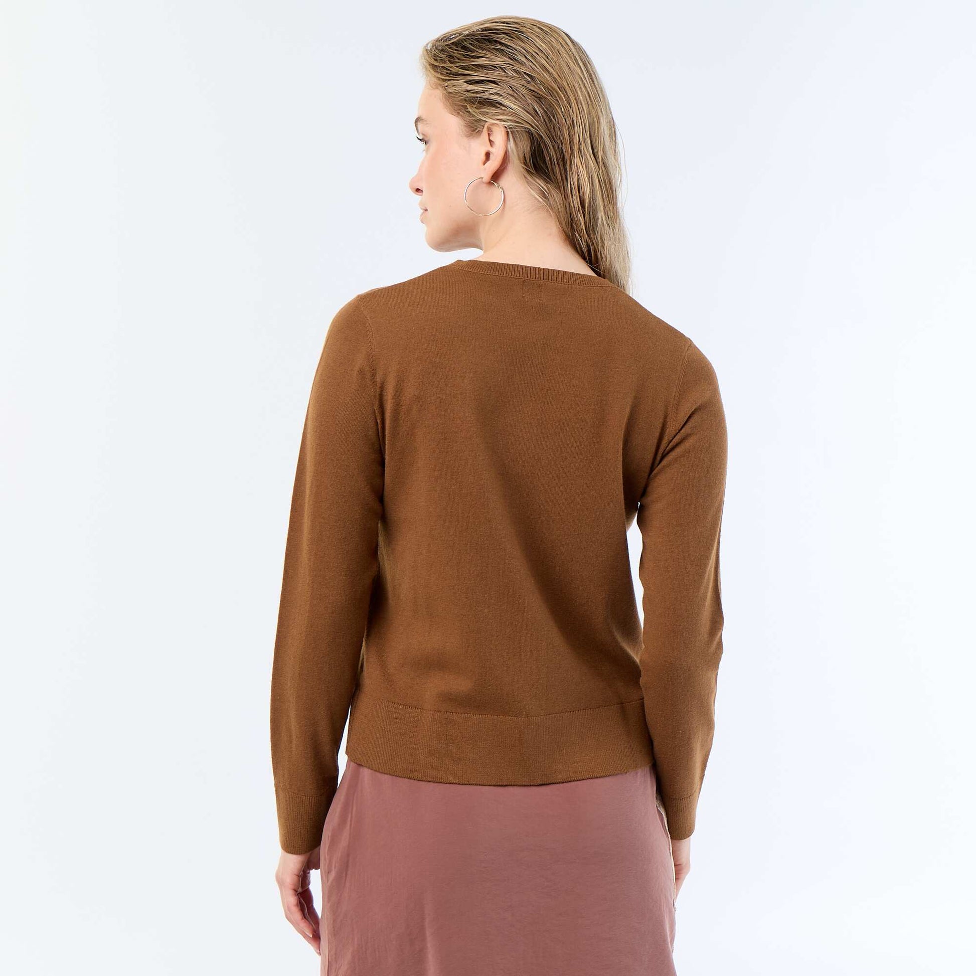 Plain Knit Cardigan with Round Neck BROWN