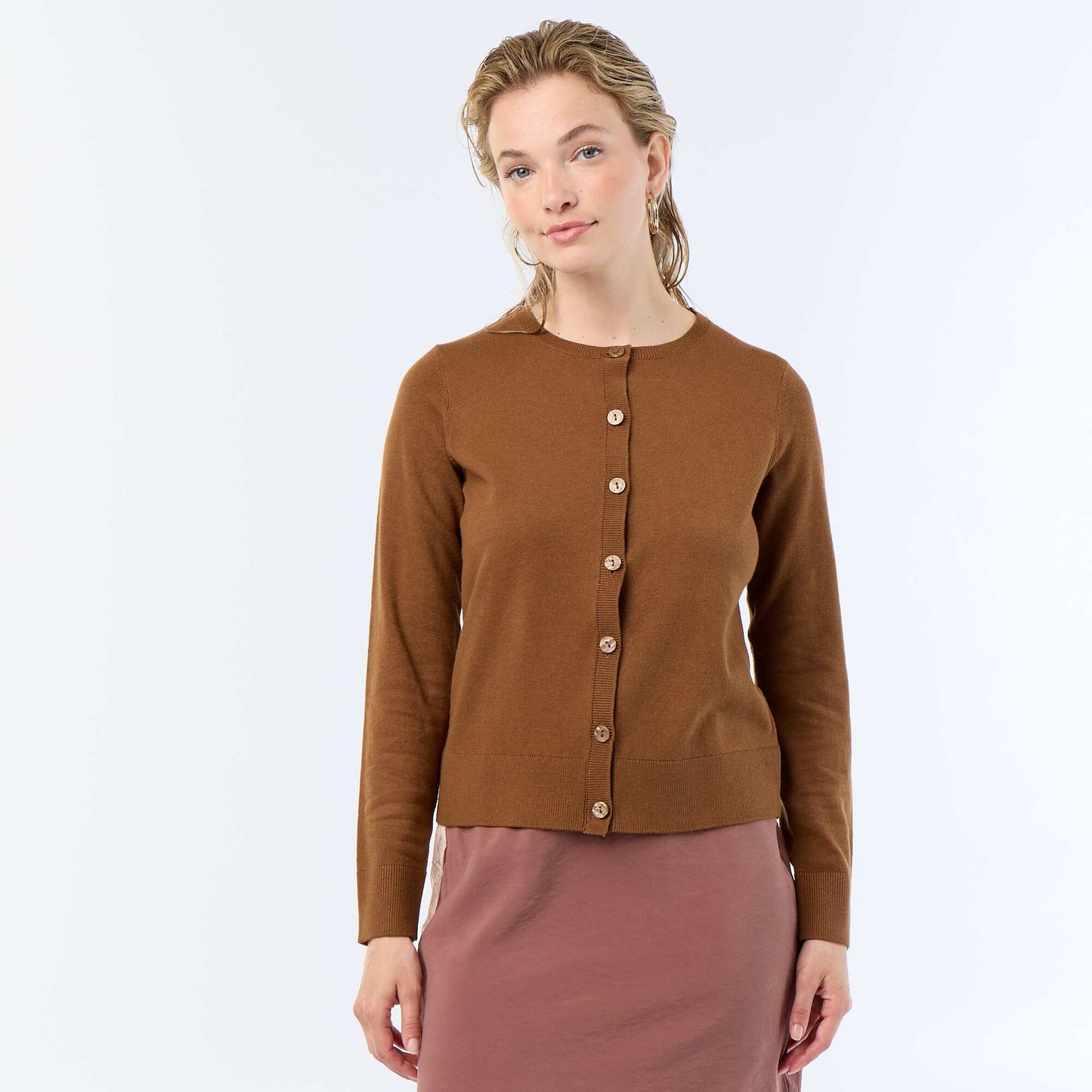 Plain Knit Cardigan with Round Neck BROWN