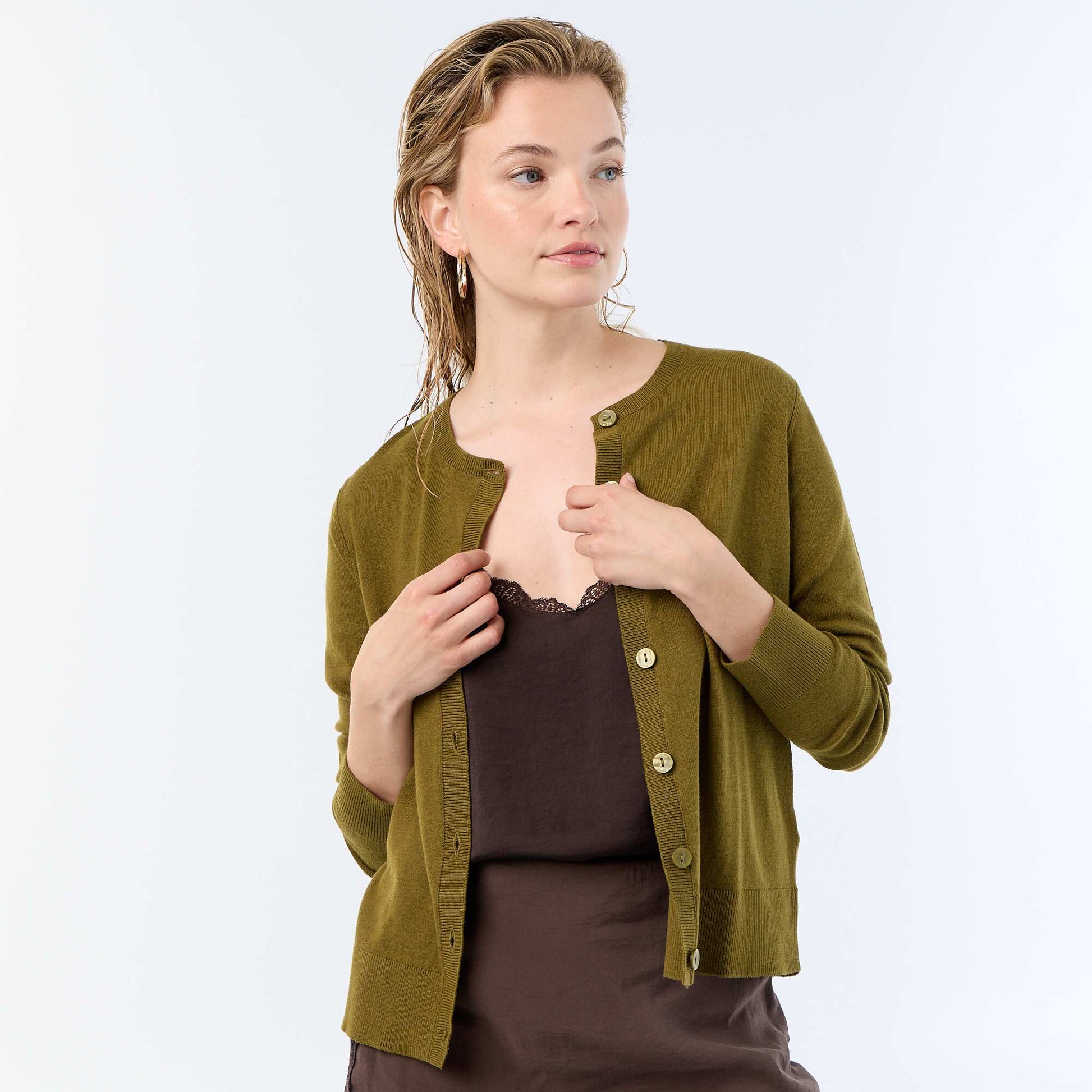 Plain Knit Cardigan with Round Neck GREEN