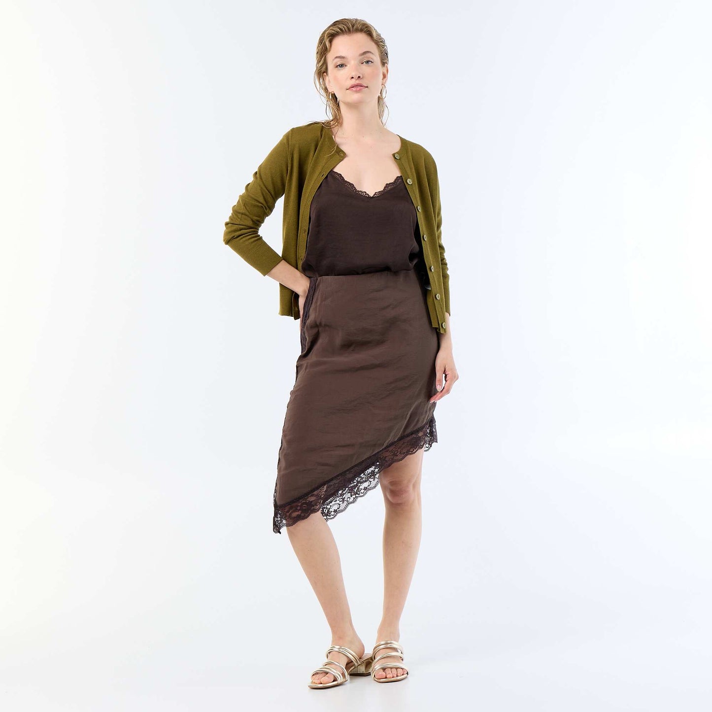 Plain Knit Cardigan with Round Neck GREEN