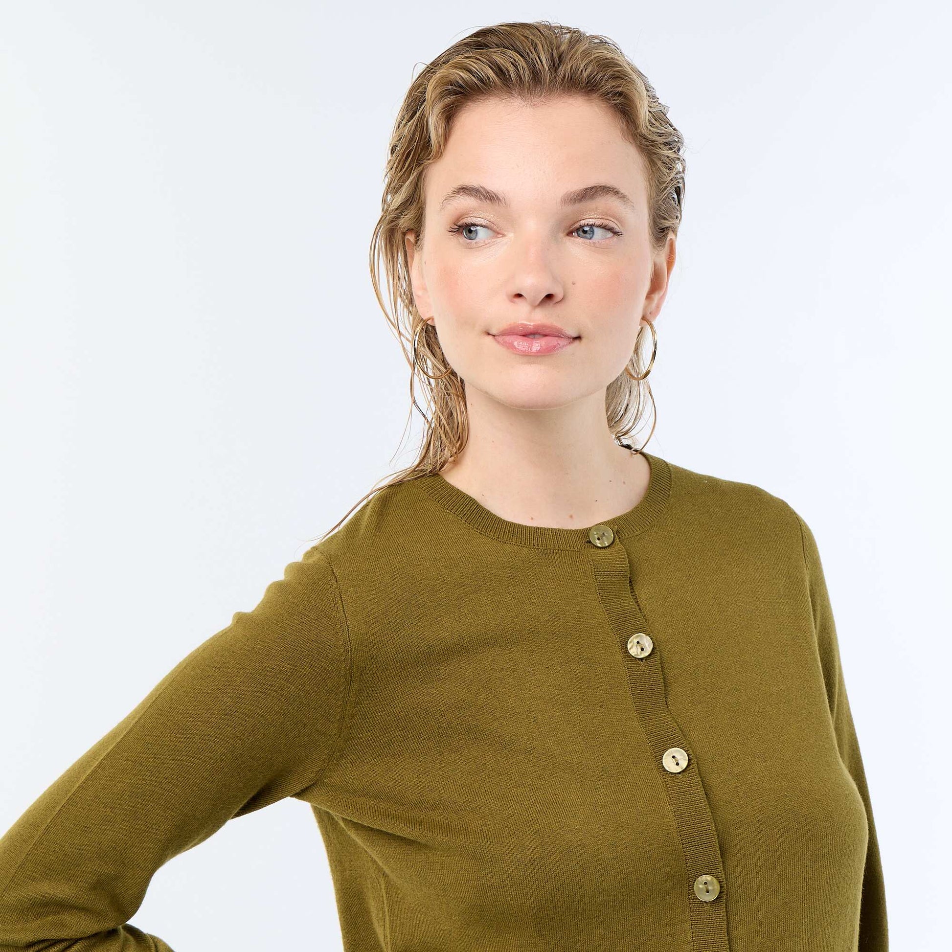 Plain Knit Cardigan with Round Neck GREEN