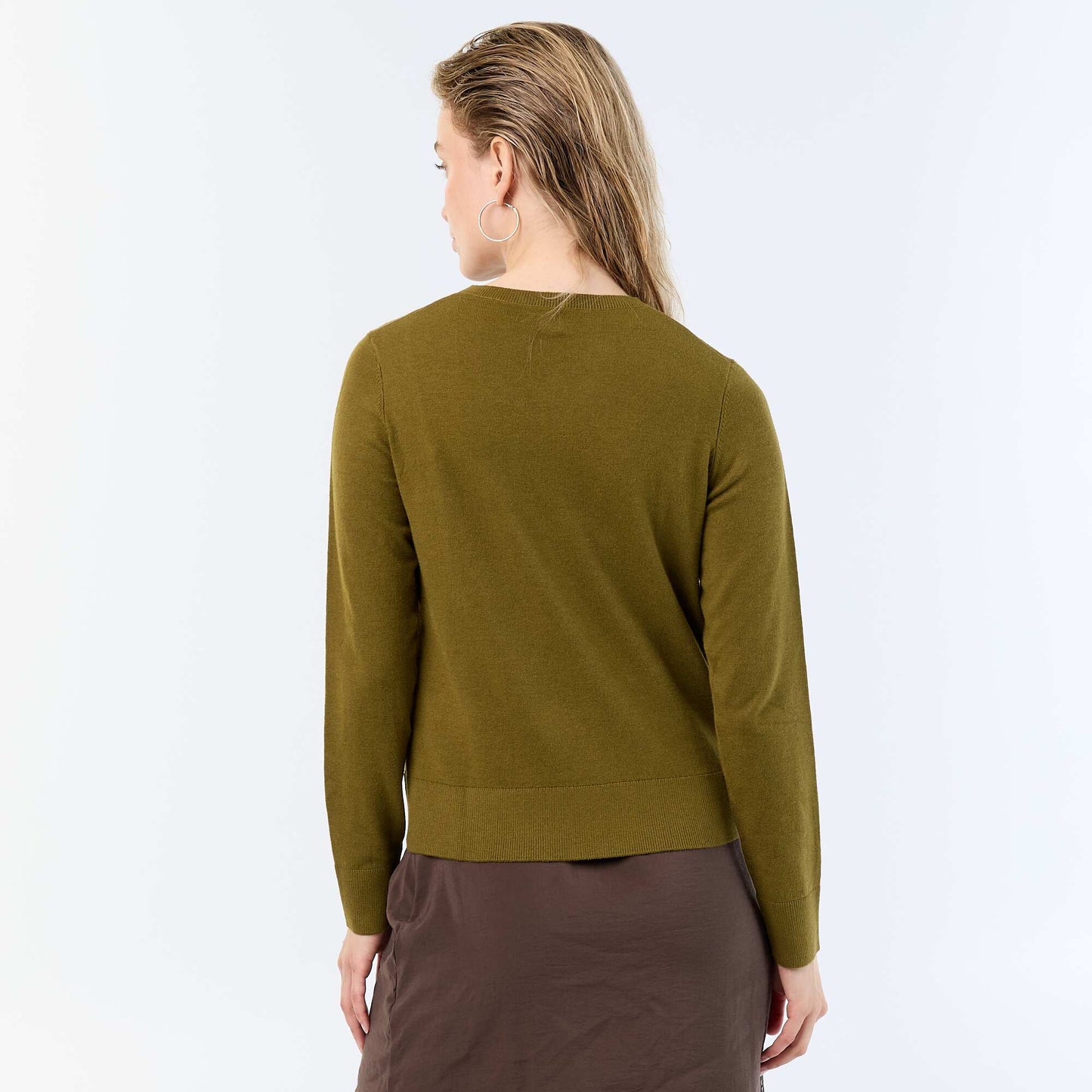 Plain Knit Cardigan with Round Neck GREEN