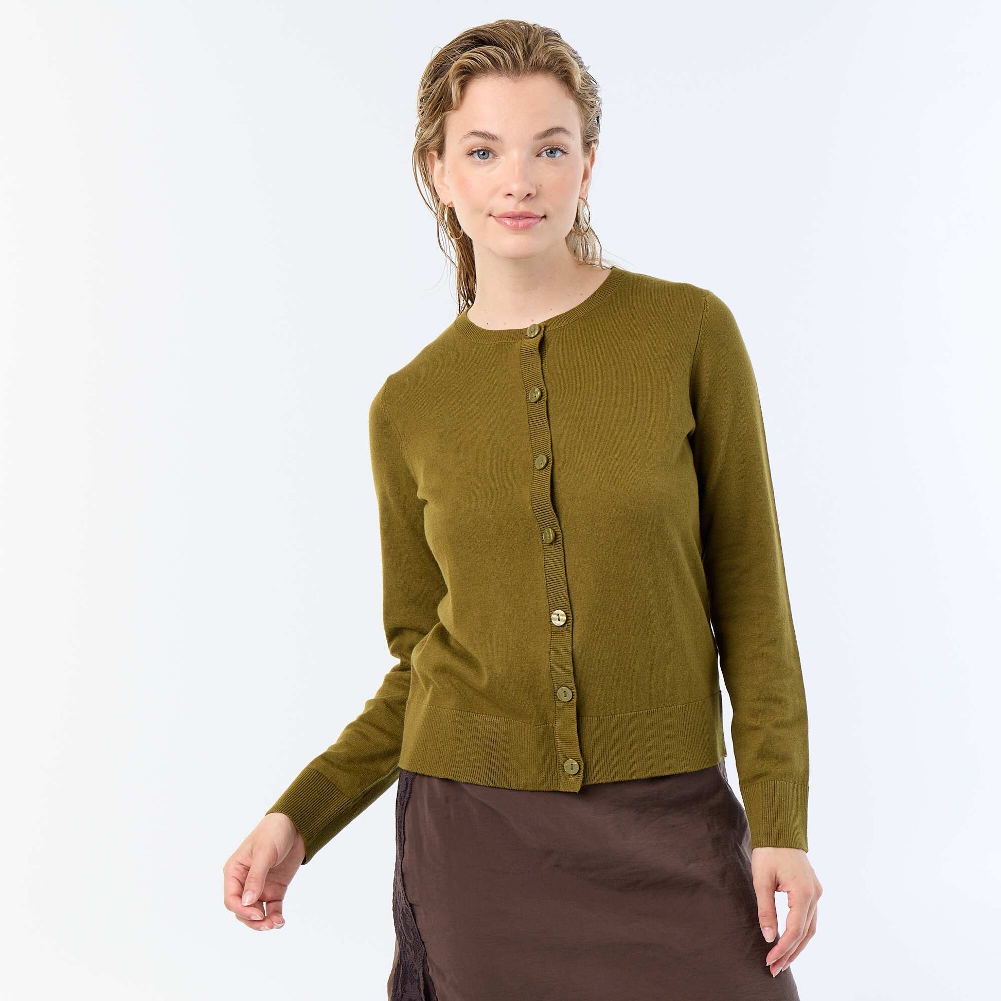 Plain Knit Cardigan with Round Neck GREEN