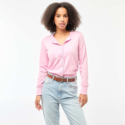 Plain knit cardigan with round neck PINK