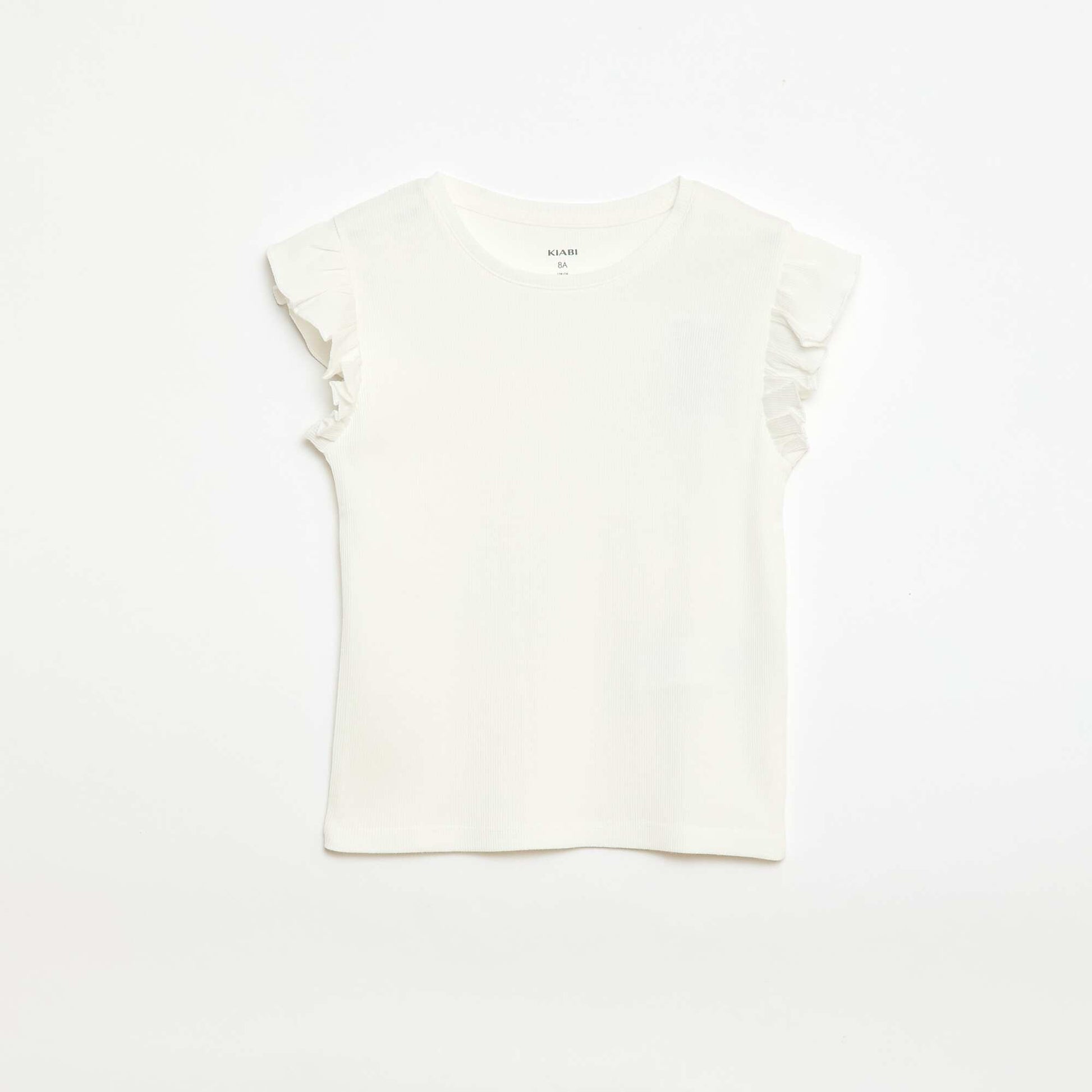 Ribbed T-shirt with Flutter Sleeves WHITE