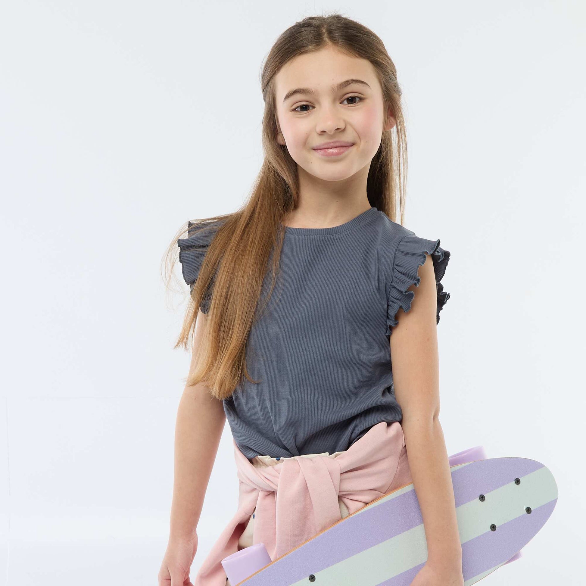 Ribbed T-shirt with Flutter Sleeves GREY
