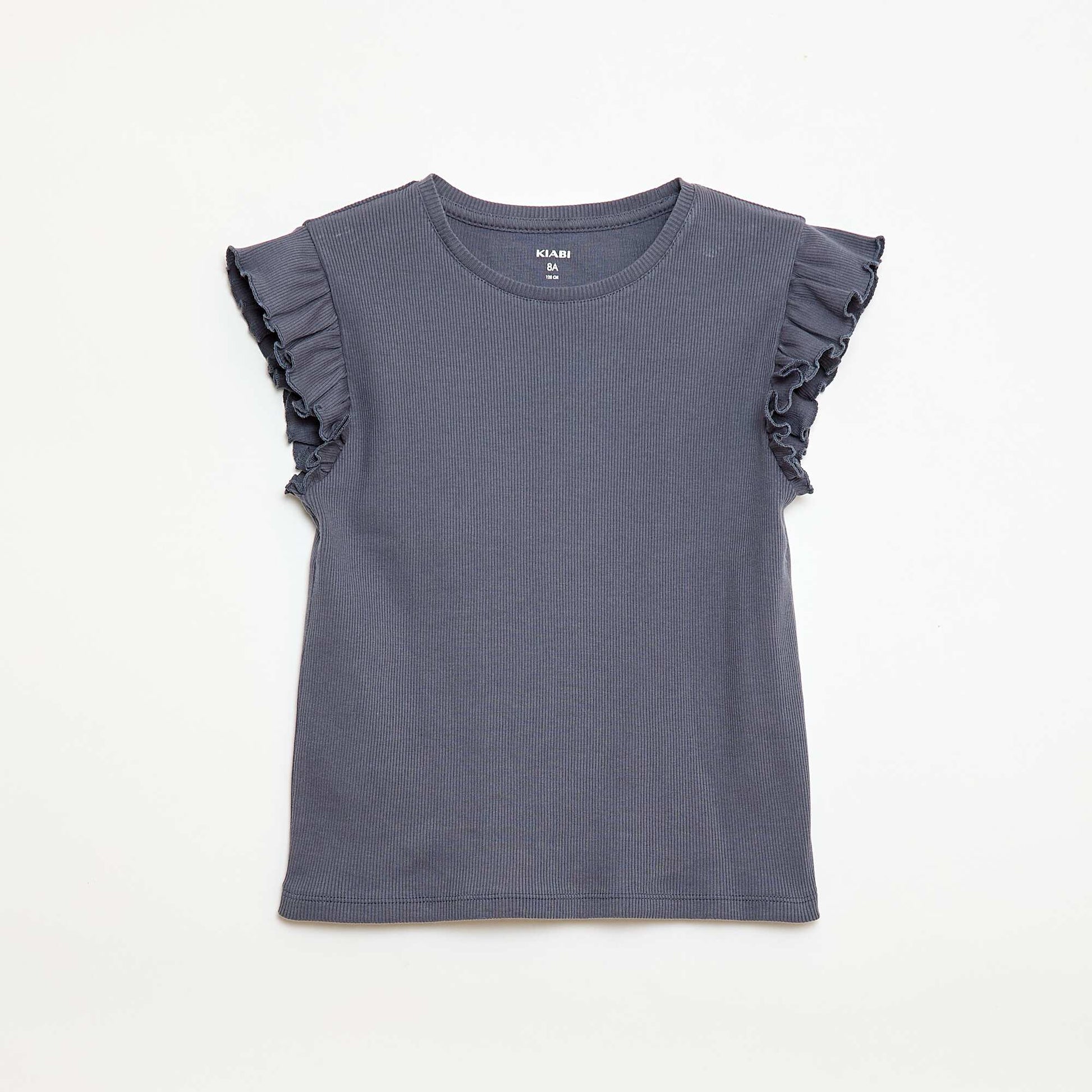 Ribbed T-shirt with Flutter Sleeves GREY