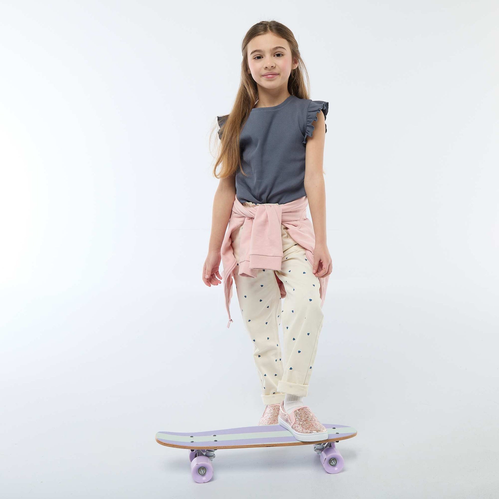 Ribbed T-shirt with Flutter Sleeves GREY