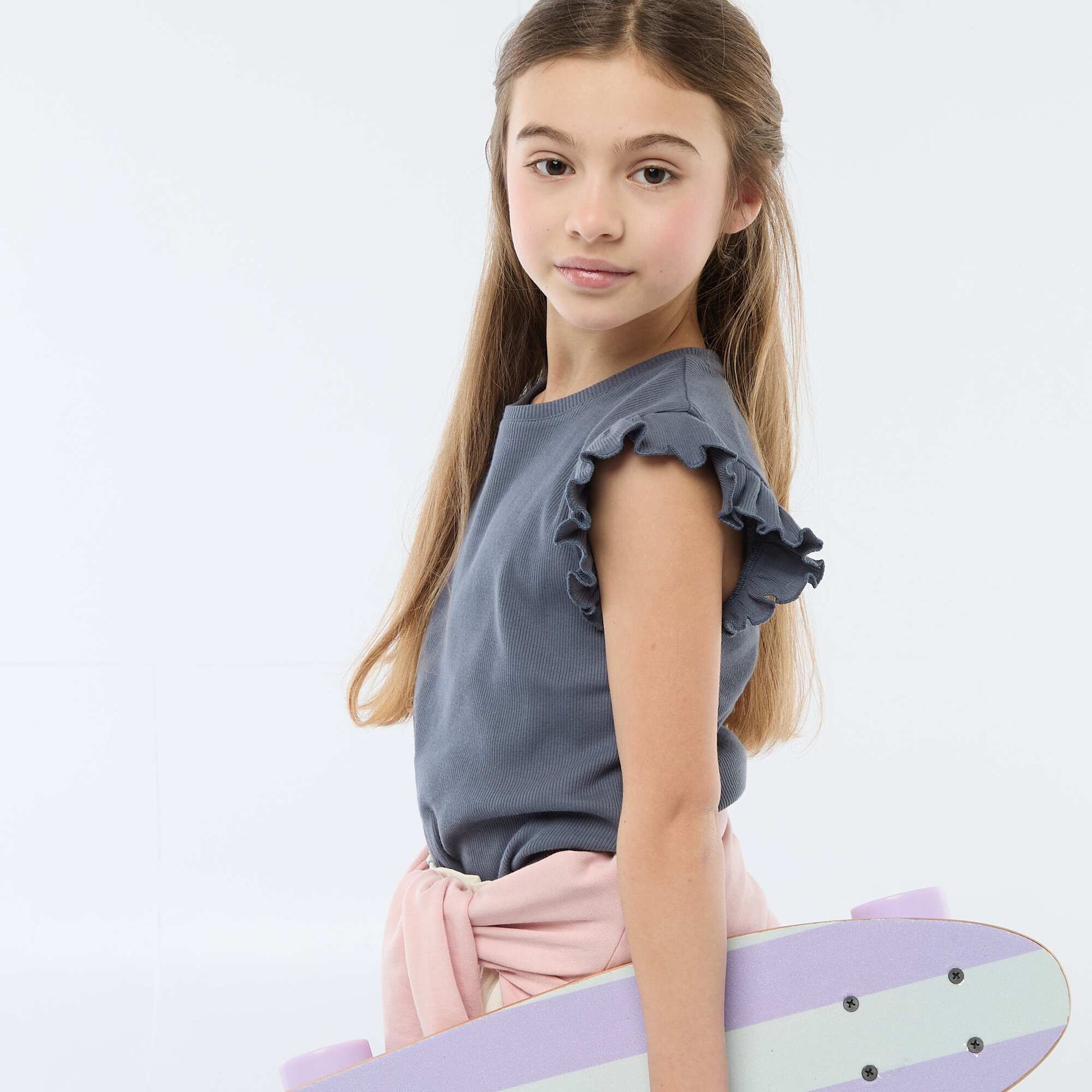 Ribbed T-shirt with Flutter Sleeves GREY