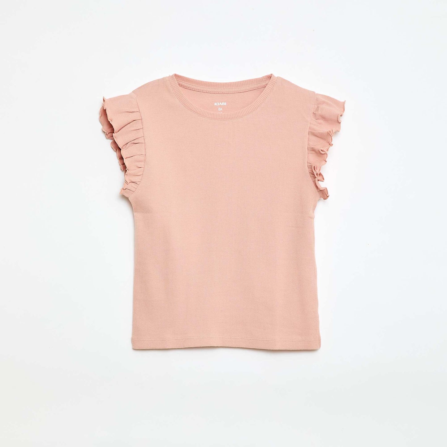 Ruffle-sleeved ribbed T-shirt PINK