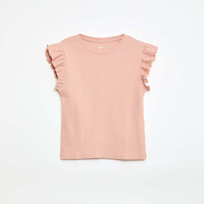 Ruffle-sleeved ribbed T-shirt PINK