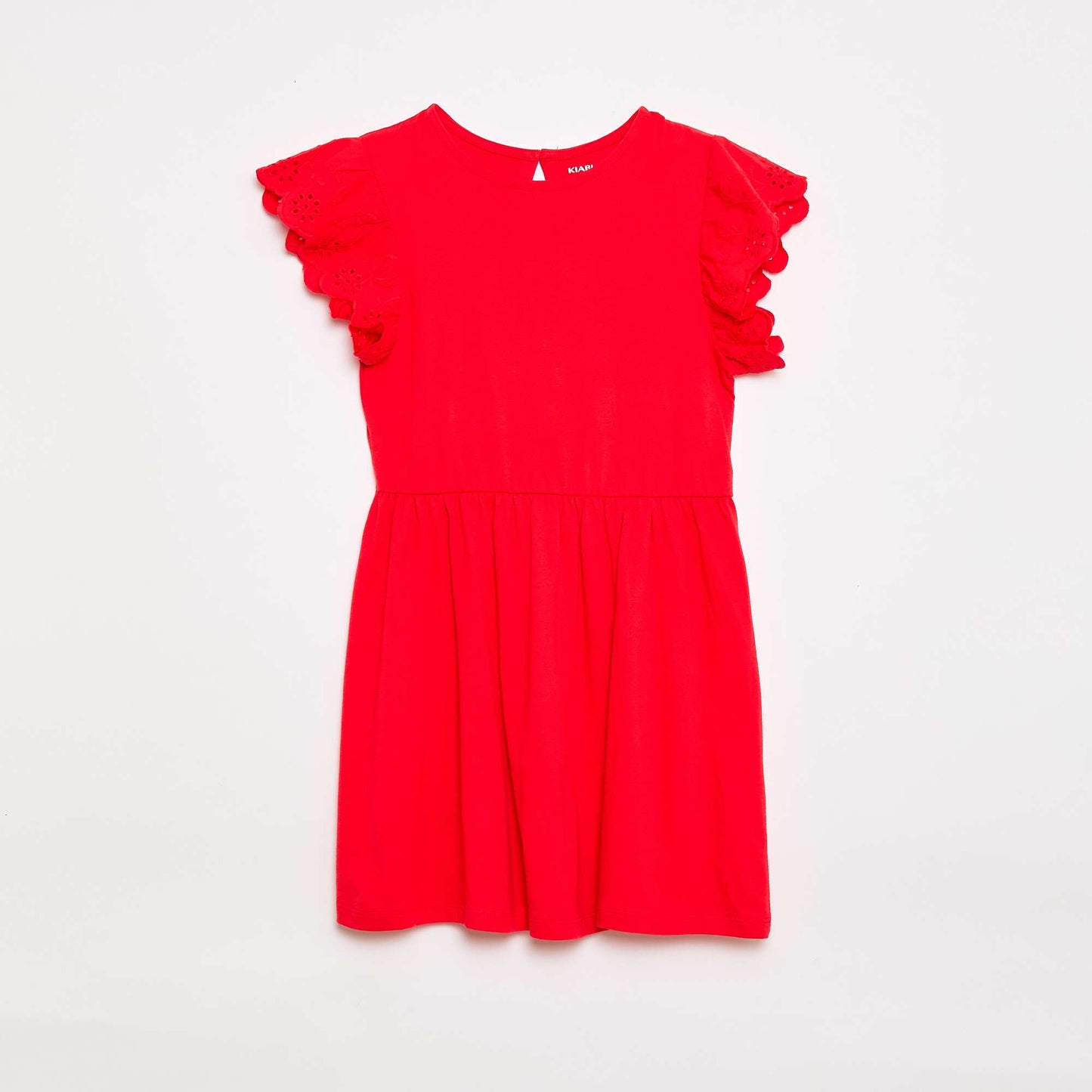 Jersey dress with short eyelet embroidery sleeves RED
