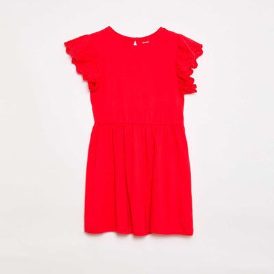 Jersey dress with short eyelet embroidery sleeves RED