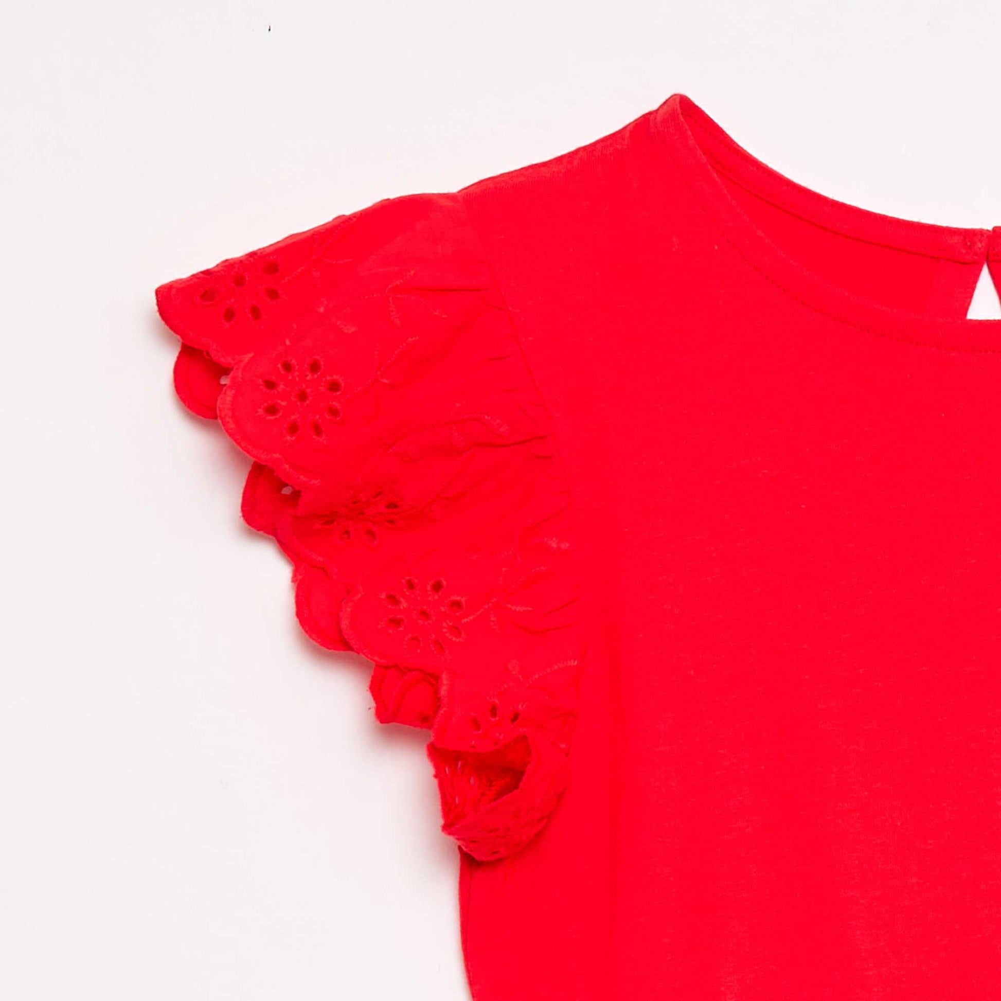 Jersey dress with short eyelet embroidery sleeves RED