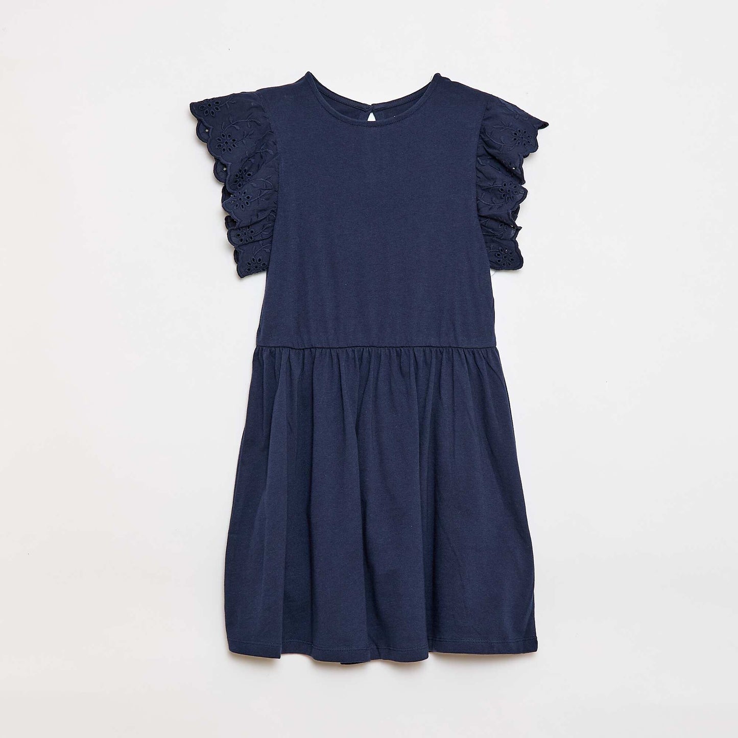 Jersey dress with short eyelet embroidery sleeves BLACK