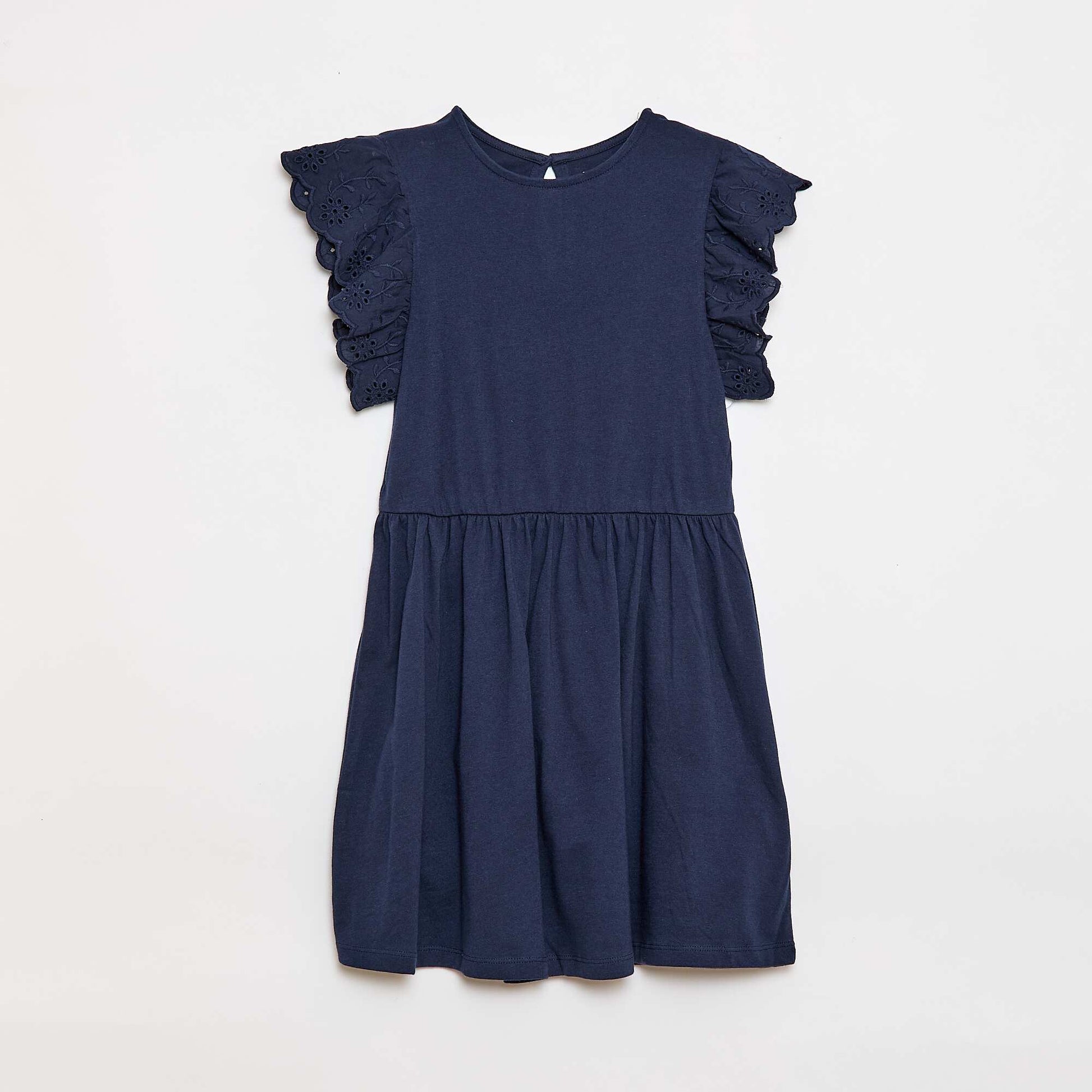 Jersey dress with short eyelet embroidery sleeves BLACK